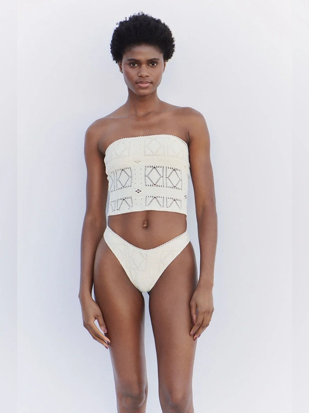 Frankie’s Bikinis Patchwork Enzo Cheeky Bikini Bottom and Top Set in Angel Dust